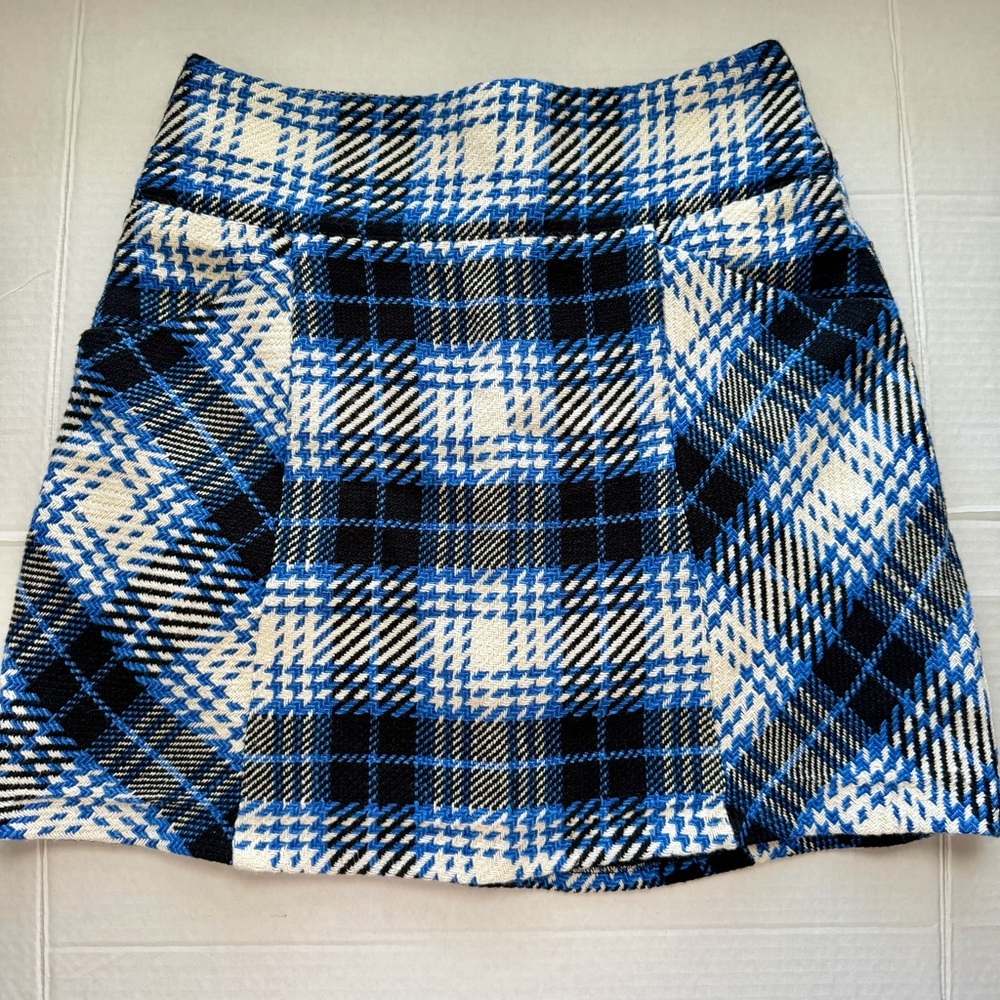 Anthropologie Maeve Blue Plaid Mini Skirt Size 2 Preppy Academia Pockets